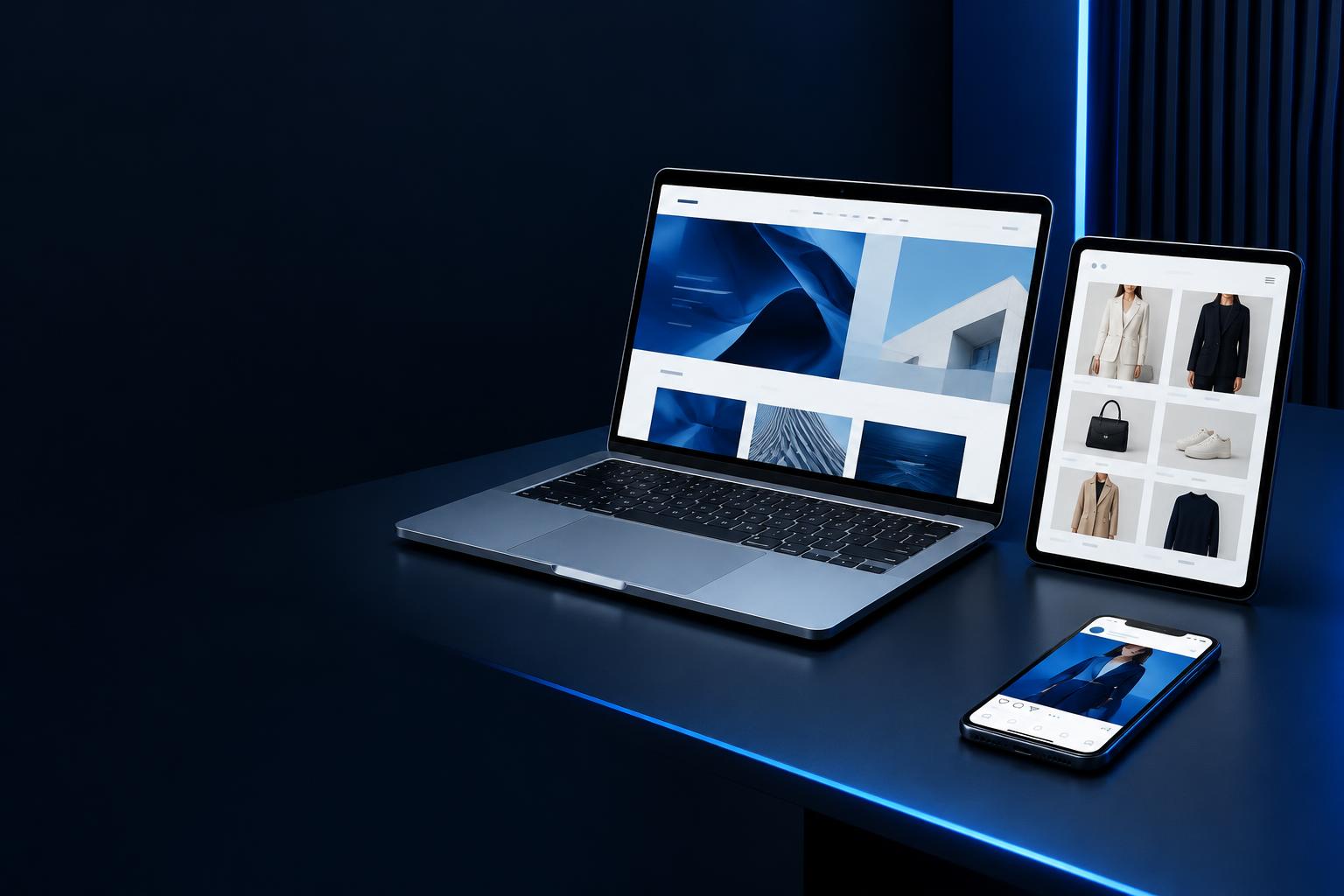 Representación ilustrativa de una página web, una tienda online y publicidad digital en distintos dispositivos
